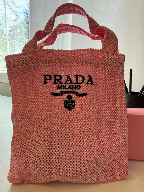 Exclusive Prada Pink Raffia Mini Tote with Black Logo - Picture 3 of 7